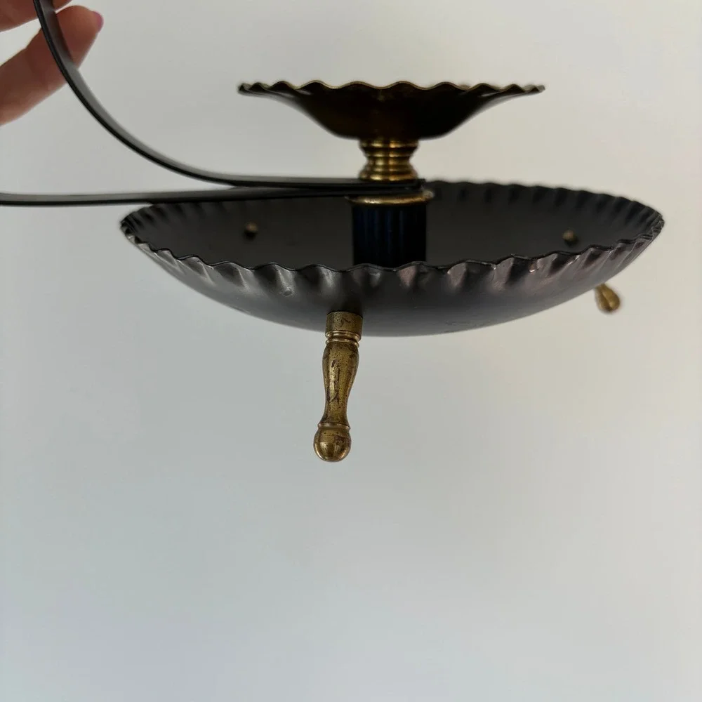 Vintage Black Metal Pillar Candle Holder Wall Sconce Brass Tripod Feet Scalloped